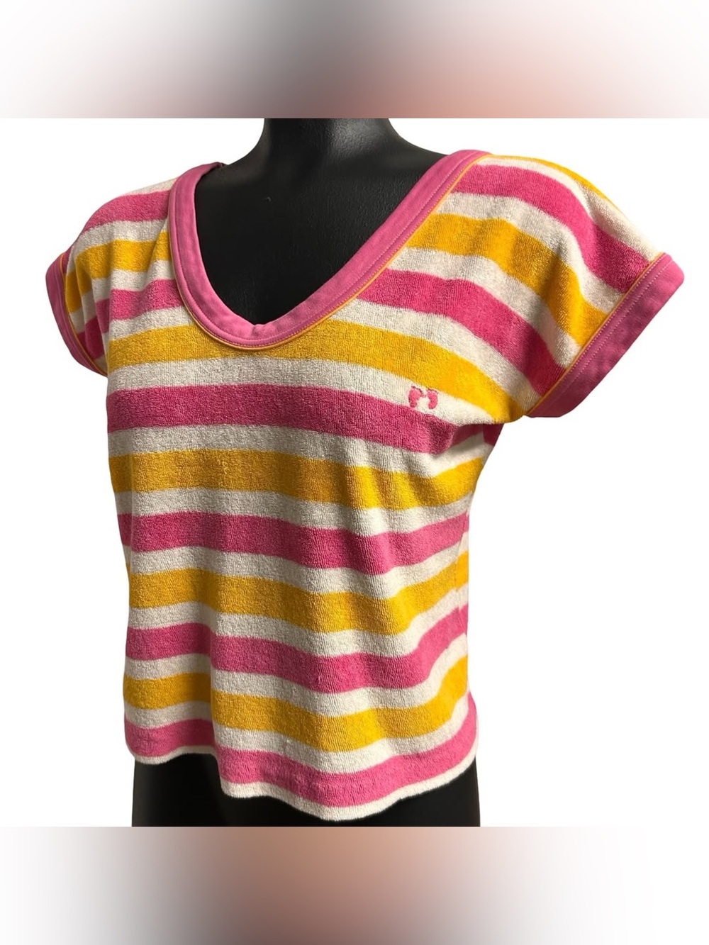 80's vintage HANG TEN  Pink Yellow Stripe Terry Cloth V-Neck